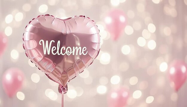 Welcome light pink heart balloon with text "Welcome" over festive blurred white and pastel pink background - Powered by Adobe