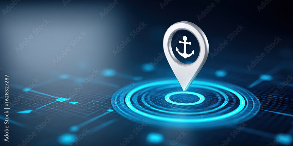 Poster anchor location icon on digital map interface with blue glowing circular radar and futuristic techno