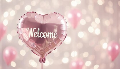 Welcome light pink heart balloon with text "Welcome" over festive blurred white and pastel pink background