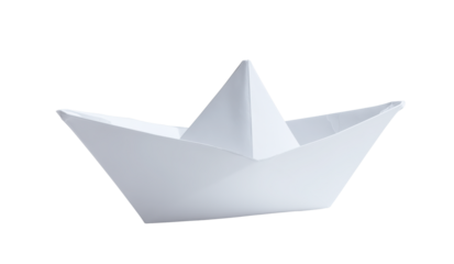 White origami paper boat sailing on transparent background