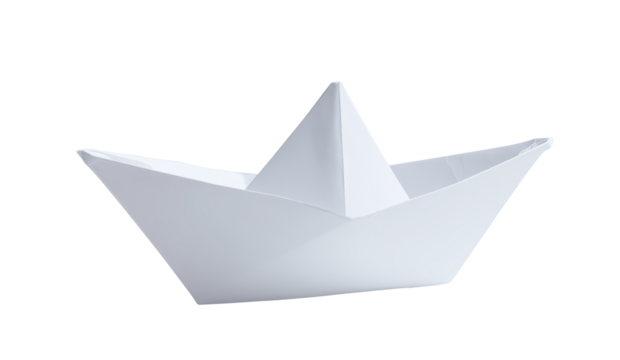 White origami paper boat sailing on transparent background
