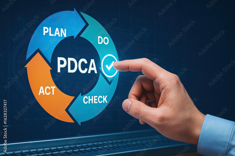 Poster pdca cycle concept with plan, do, check, act steps shown on virtual screen and hand pointing at chec