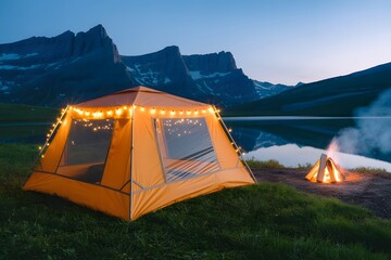 A vibrant orange tent illuminated by string lights at a peaceful campsite by a mountain lake during twilight