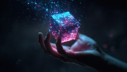 A hand holds a glowing, cubic prism.  Particles of light surround the cube