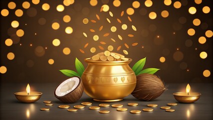Golden pot overflowing with falling coins and coconuts with lit candles