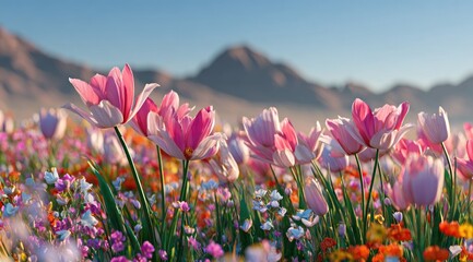 Vibrant spring flowers in a meadow, with mountains in the background