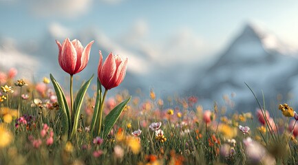 Two pink tulips in a vibrant meadow with mountains in the background