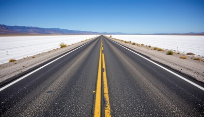 Naklejka premium Bright White Road Bisecting Desert Landscape Under Clear Sky