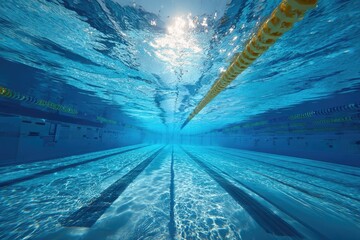 Underwater view of an Olympic-style swimming pool.  Sunlight streams down through the water.  Distinctive lane lines and pool bottom are visible.  A yellow line marks the center lane