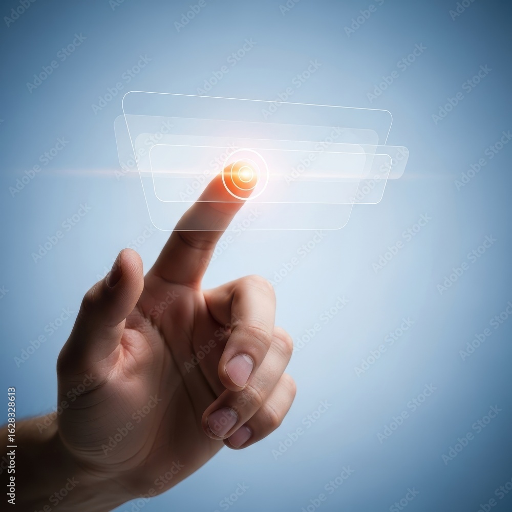 Poster futuristic interface interaction showing finger touching virtual button selection