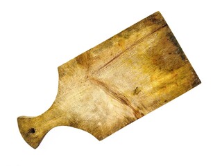 Rustic wooden cutting board with handle on white surface, top view.