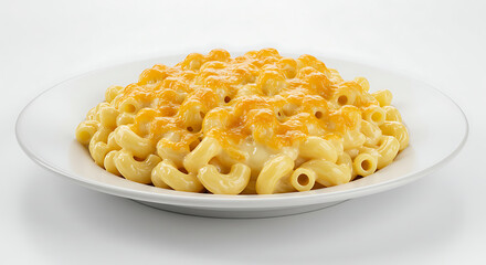 A plate of classic macaroni and cheese with melted cheddar topping, served on a white ceramic plate, isolated on a clean white background