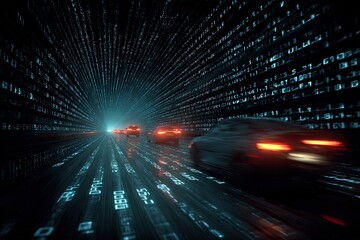 Cars speeding through a digital tunnel of binary code (1)