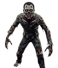 Creepy zombie character with tattered clothing and menacing expression cutout isolated on transparent bg, png