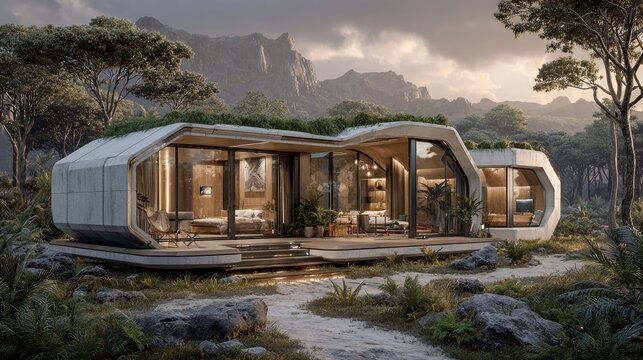 未来的なモジュール式住宅の3Dレンダリング - 自然に調和するデザイン
