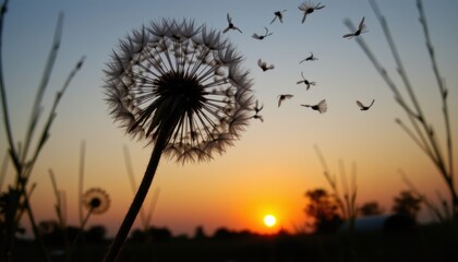 Obraz premium Dandelion Seeds in the Evening Light Dispersing at Sunset