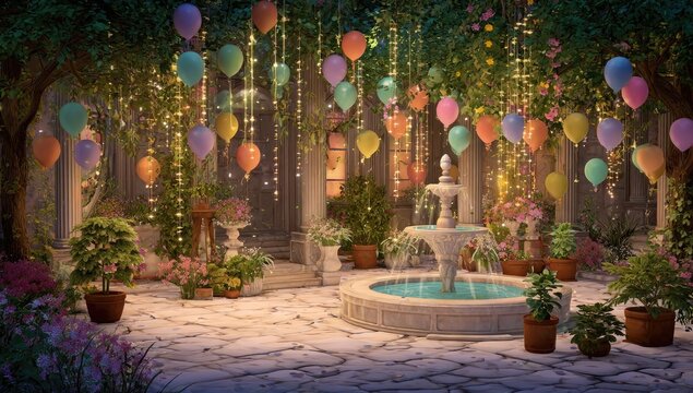 Enchanted garden courtyard at twilight, adorned with colorful balloons and fairy lights.  A fountain sits in the center of the paved area.