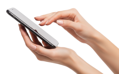 Hands interacting with a smartphone screen with a cutout isolated on transparent bg, png