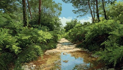 Fototapeta premium Sun-drenched forest creek path