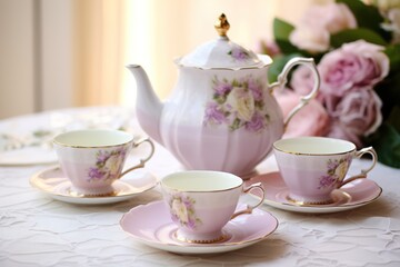 Fototapeta premium A delicate teapot set on a lace tablecloth with pastel-colored mugs, perfect for a quiet Mother's Day tea ceremony.