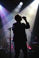 Male Singer Performing on Stage with Dramatic Lighting Effects