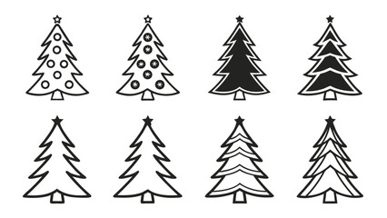 Obraz premium Eight stylized Christmas tree icons; black and white line art; festive, minimalist design; perfect for holiday cards, websites, and social media.