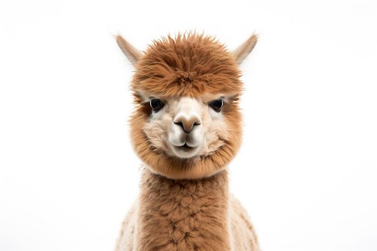 A fluffy brown alpaca with a gentle expression, standing calmly against a pure white background.