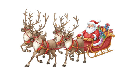 Santa Claus with reindeer pulling a sleigh full of gifts during the holiday season cutout isolated on transparent bg, png