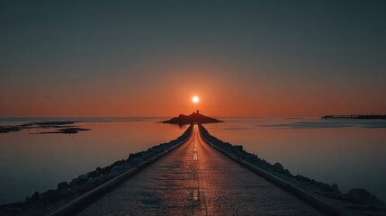 Obraz premium Sunrise over a solitary road stretching to an island
