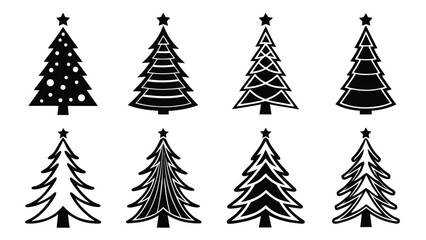 Eight Stylish Black and White Christmas Tree Icons; Festive, Minimalist Vector Graphics for Holiday Designs.