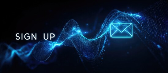 Abstract digital waves with "Sign Up" text and email icon, glowing blue
