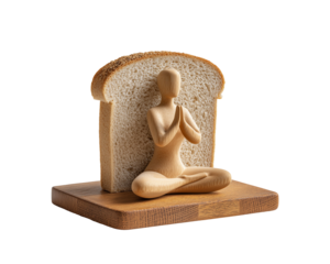 Wooden figure meditating with bread slice