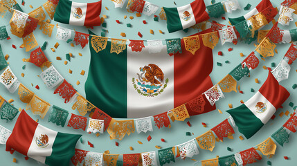 Mexican independence day celebration with flags and papel picado art