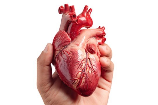 A Detailed Anatomical Model of the Human Heart Held Gently in a Hand  Isolated on transparent background, cutout