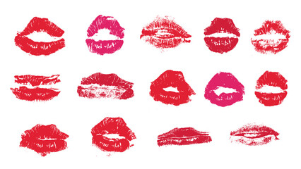 Lipstick kiss with lips print. Vector isolated kiss mark imprint collection. Red mouth prints
