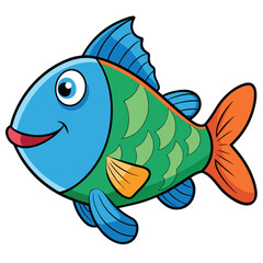 A cheerful cartoon fish featuring a multicolored tail, set against a simple, light blue backdrop.