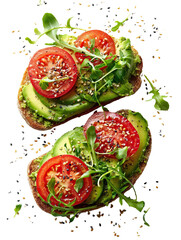 Avocado toast topped with tomato, sesame seeds, and green avocado on transparent background


