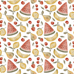 Seamless fruit pattern with cute smiling banana, lemon, pear, and watermelon.
Handdrawn watercolor design with a cheerful tropical vibe.
Perfect for fabric, food blogs, and kids' print projects.