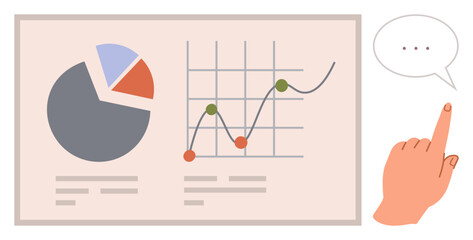Hand pointing at a report featuring a pie chart and line graph for data analysis. Ideal for business, communication, statistics, education, strategy, presentation, productivity. Simple flat metaphor