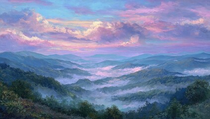 Misty mountain vista at dawn.  Soft colors paint a tranquil mountain range, shrouded in a light mist, with pastel clouds