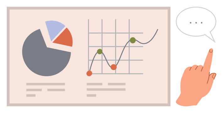 Hand pointing at a report featuring a pie chart and line graph for data analysis. Ideal for business, communication, statistics, education, strategy, presentation, productivity. Simple flat metaphor