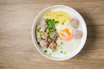 Congee or rice porridge with pork and eggs , thai food, asian food, chinese food