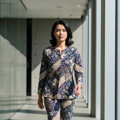 Elegant Indonesian Businesswoman in a Modern Batik Suit Walking in an Office Hallway