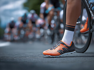 Close-up of athletic foot in vibrant orange cycling shoe on asphalt road, with blurred cyclists in background, showcasing competitive spirit and dynamic motion in cycling sport