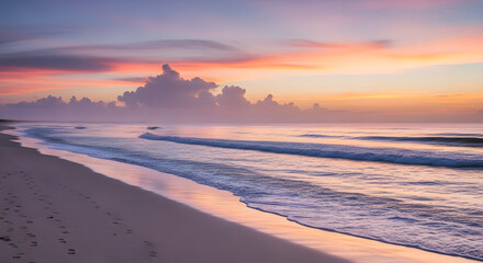 Serene coastal landscape at dawn with soft pastel clouds, gentle waves, and reflections on the wet sand, evoking tranquility, natural beauty, and a peaceful morning.