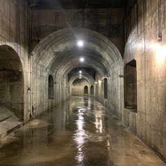 Obraz premium Long, arched concrete tunnel, wet floor