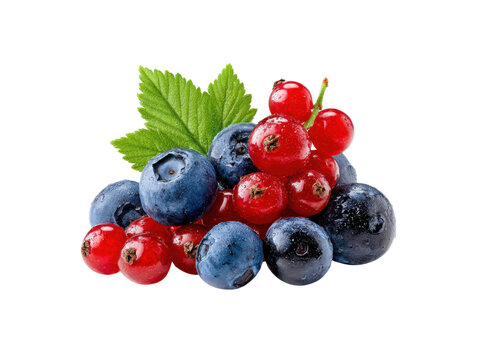 Blueberries redcurrants green leaves water droplets fruit food, Isolated, Png Transparent Background
