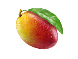 Ripe mango with green leaf and water droplets fruit yellow, Isolated, Png Transparent Background
