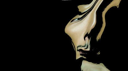 A surreal abstract painting of a melting face with futuristic glowing liquid texture symbolizing the complexity and struggle of urban development and technology