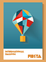 Minimalistic flat-style vector illustration of a hot air balloon made of colorful geometric polygonal shapes. Features bright colors, long shadows, and a clean background.